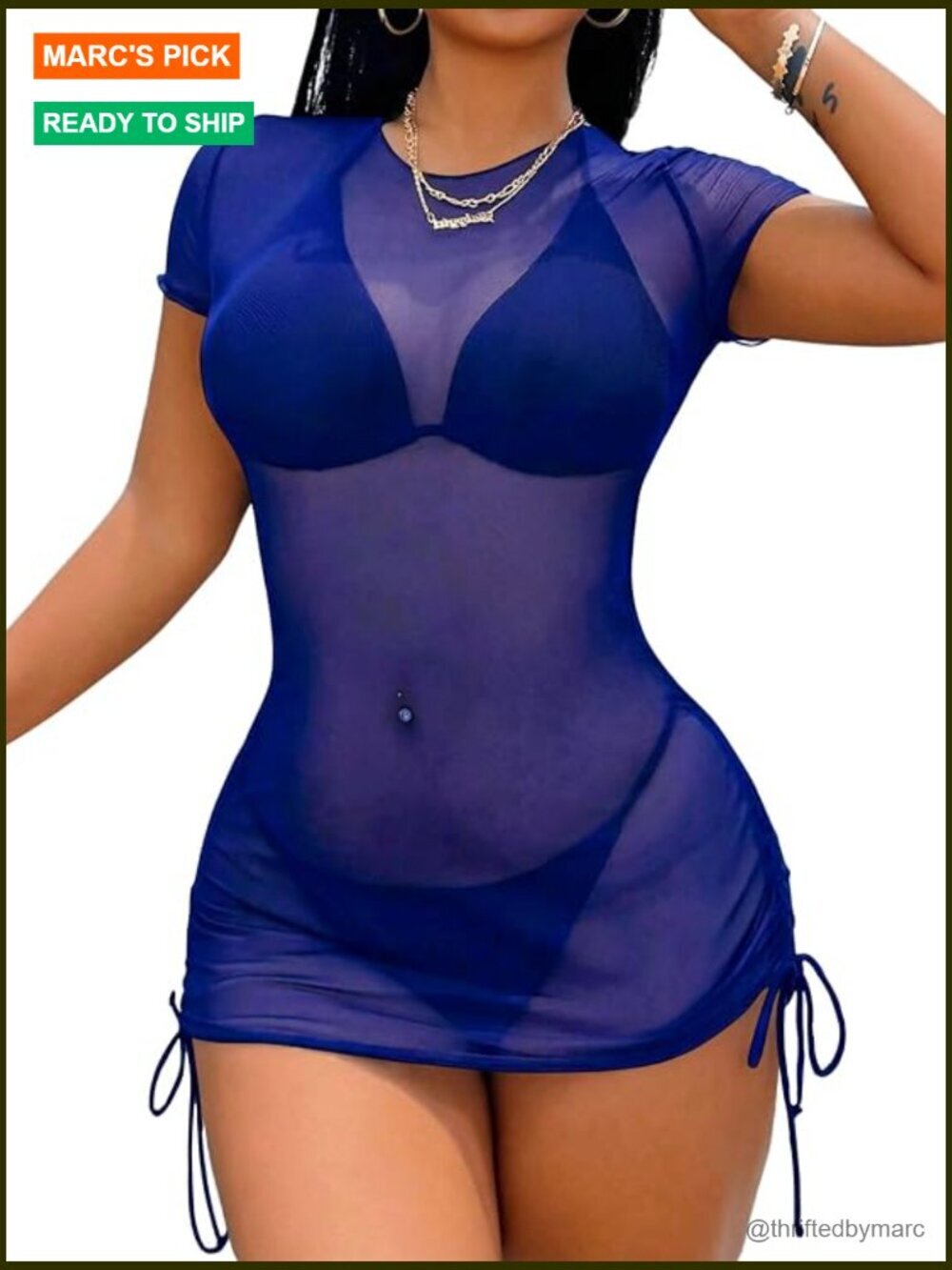 Sheer Mesh Drawstring Ruched Swimsuit Beach Dress Cover Up